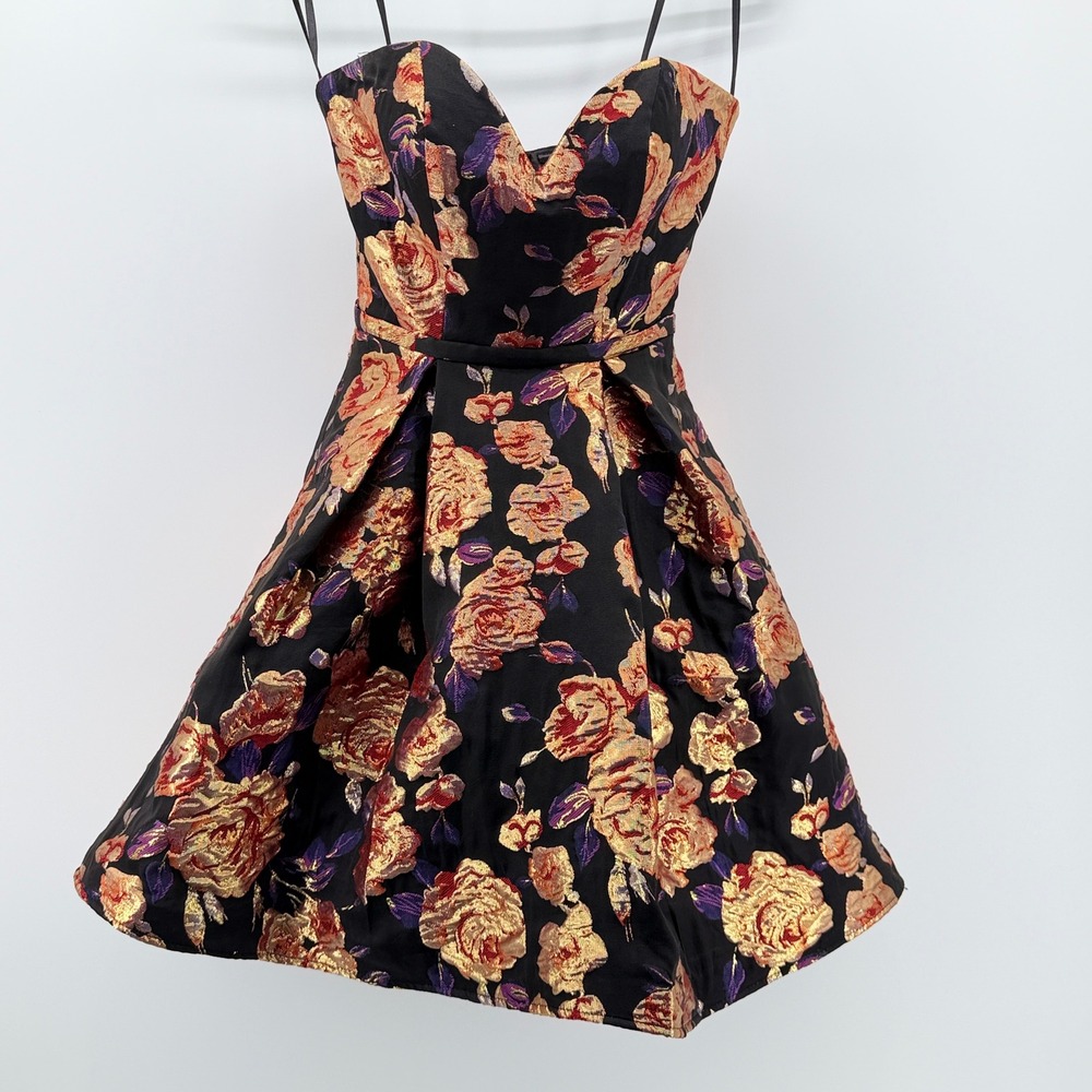 Mac Duggal Floral Brocade Cocktail Dress Black Gold Metallic Sweetheart Mini 0